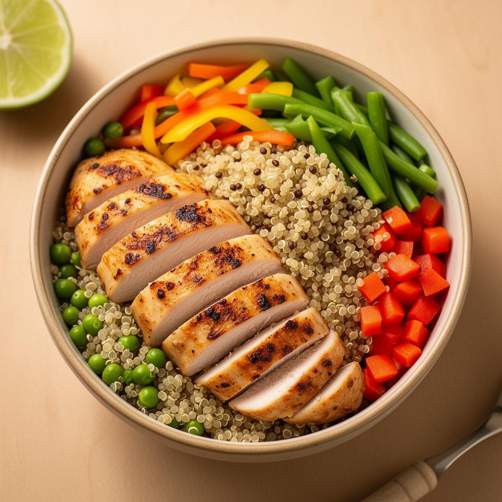 Vibrant healthy meal bowl with grilled chicken, quinoa, and fresh vegetables