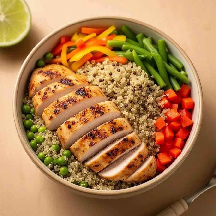Vibrant healthy meal bowl with grilled chicken, quinoa, and fresh vegetables