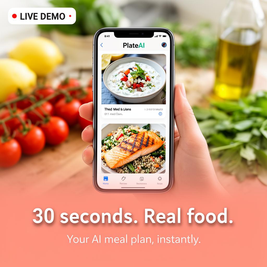 MyPlateAI in action — AI meal plan on phone with fresh ingredients